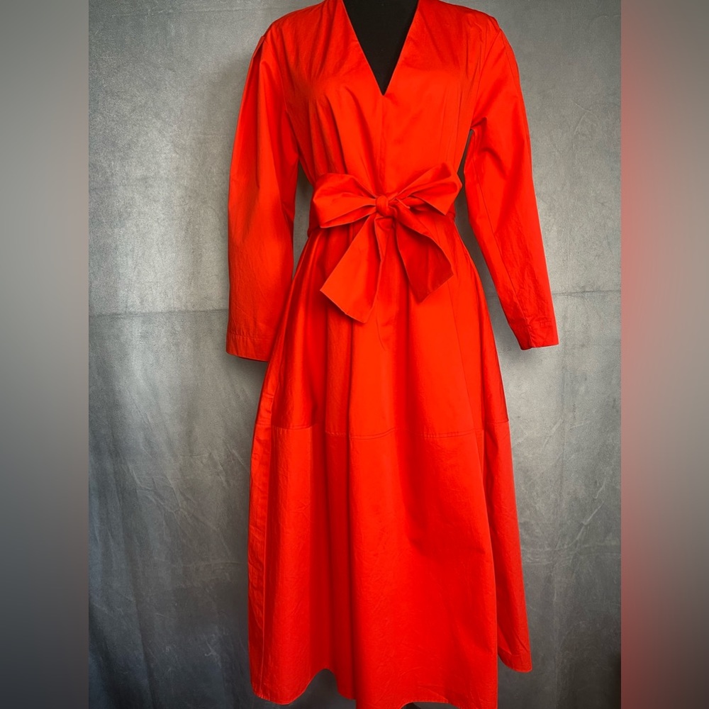 Red Midi Wrap Dress with Balloon Sleeves - Picture 3 of 10
